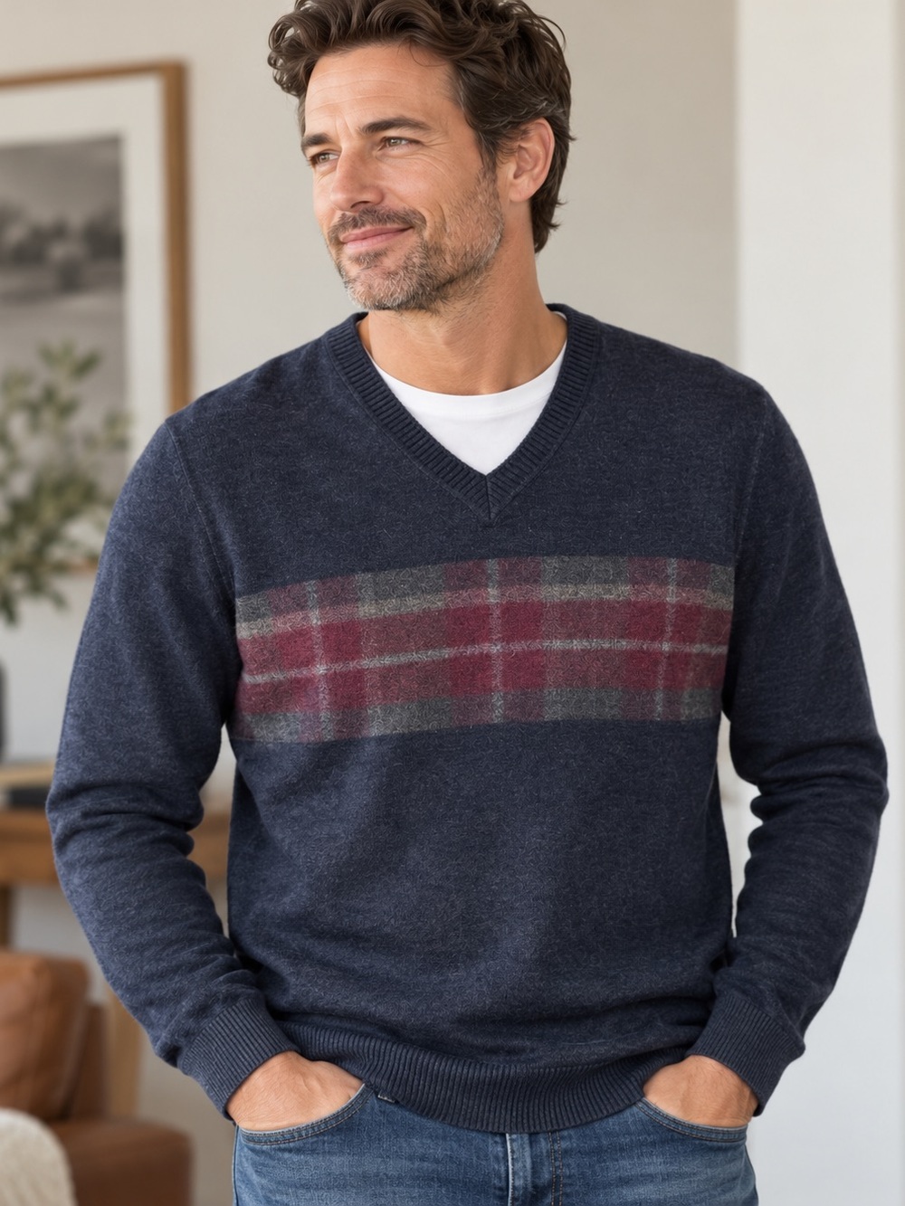 Hugo Boss Charcoal Navy / Charcoal Gray Plaid Men’s V-Neck Sweater Size Medium